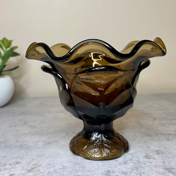 Beautiful Vintage Viking Glass Black/Brown Compote with Wrapped Leaf Design Footed Glass Compote Vase, Black Glass 4”T