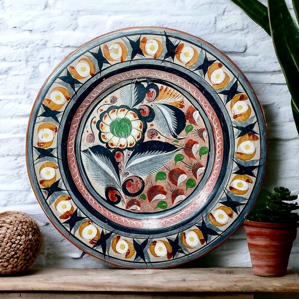 Beautiful Vintage Mexican Pottery Tonala Decorative Plate Wall Hanging with Handpainted Florals, Rustic Home Decor,HUGE 15.5” Tonala Pottery
