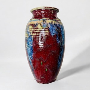 Large Handmade Thrown Pottery Vase/Vessel by Rohrbach Handpoured Drip Glaze Reds/Blues/Cream with Lined Accents/Studio Pottery Signed Vase