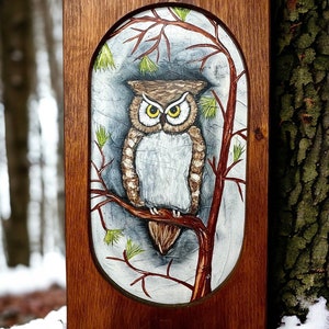 Gorgeous Vintage Handmade Original Painting of an Owl in a Tree, Original Painting Signed by Artist/Rustic Owl/Framed Oil Painting 20x11.25”