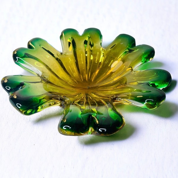 Vintage Murano Glass Italy Small Green and Gold/Amber Yellow Glass Ashtray/Murano Bowl, Candy Dish Dish AS IS/7.25” Diameter 2” Tall