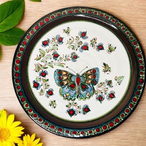 May include: A white ceramic plate with a brown rim and a green, red, and blue butterfly design. The butterfly is surrounded by a floral pattern.