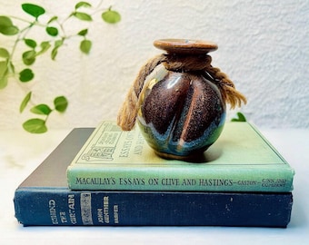 Vintage Handmade Thrown Pottery Mini Vase/Vessel/Weed Pot in a Smooth Rusty Red and Brown Glaze Bulbous Shape and Twine Rope Accent 3.75”T