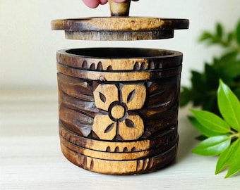 Vintage Handmade Carved Natural Wood Canister/Jar with Pretty Carved Floral Designs/Decorative Canister/Storage/Boho/Rustic Decor/Tea Jars