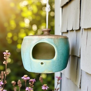 May include: A teal and brown ceramic bird feeder, suspended by a white rope. The feeder has a large oval entrance and a small hole at the base. It hangs against a backdrop of greenery and a shingled wall, with a rustic aesthetic.