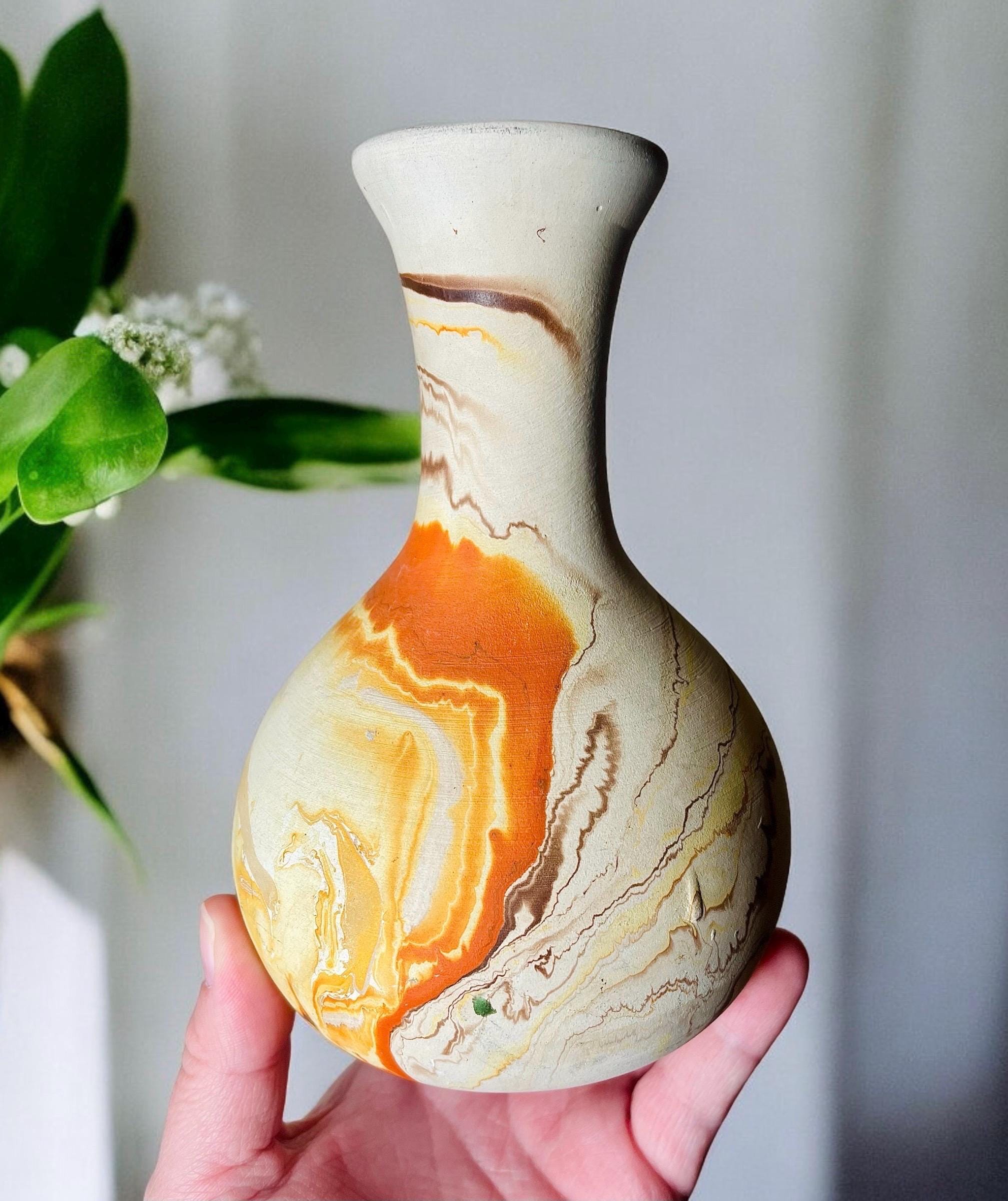 Vintage Nemadji Handmade Pottery Vase With Orange and Brown display picture 1
