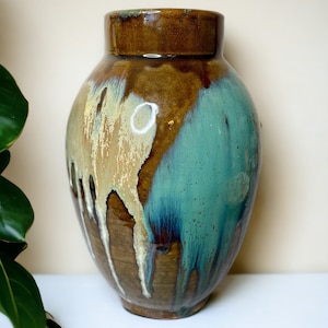 Vintage Handmade Large 10”T Studio Pottery Vase, with Bright Earth Tones and Blue/White/Cream Drip Glaze Design/Rustic Boho/Farmhouse Decor