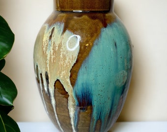 Vintage Handmade Large 10”T Studio Pottery Vase, with Bright Earth Tones and Blue/White/Cream Drip Glaze Design/Rustic Boho/Farmhouse Decor