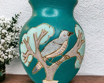 Beautiful Vintage Unique Textured Ceramic/Pottery Vase Handpainted Turquoise Blue Glaze Speckled with Etched and Handpainted Bird 6.5"t