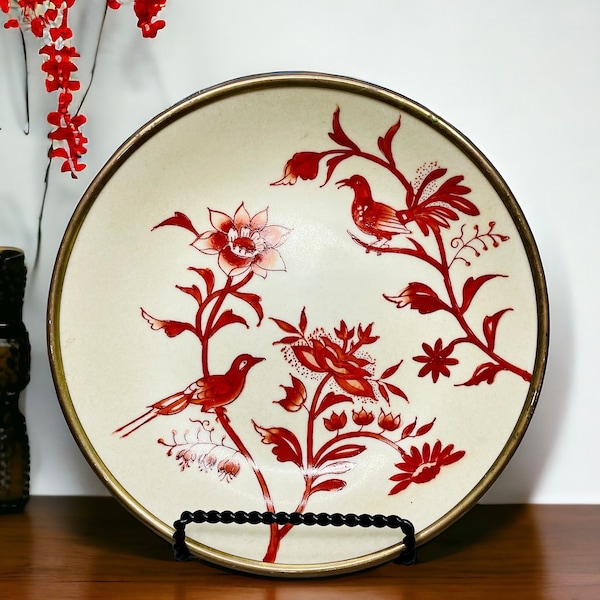 Vintage Japanese Porcelain and Brass Decorative Plate/Bowl w/Elegant Handpainted Red Bird and Floral Designs/Japanese Decor/Porcelain 7.5”