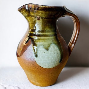 Vintage Handmade Studio Pottery Stoneware Pitcher/Creamer/Pitcher Style Vase with Earthy Tones Drip Glaze/Thrown Pottery Vessels Rustic Boho