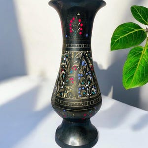Bohemian Vintage Solid Brass Vase with Intricate Multicolored Etched Florals and Designs/Boho Brass Decor/Eclectic Decor/Brass Vases/7”T