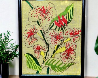 Pretty Vintage Handmade Floral Crewel Embroidery, with Vibrant Yellow/LimeGreen Color with Red Lily Flowers and Green Leaves, Framed Crewel