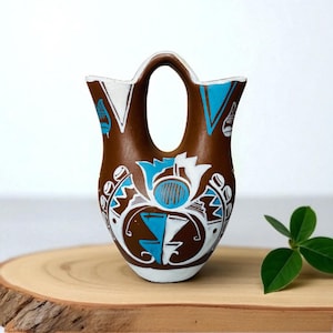 Vintage Handmade Small Navajo Pottery Wedding Style MINI Vase/Southwest Style Vase Handpainted Bold Brown/Blue & White Designs/4.5”Tall