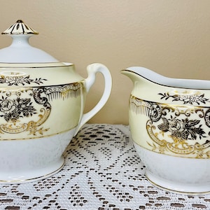 Elegant Vintage Noritake Japan Porcelain Set of Creamer and Sugar with Handpainted Ornate Gold Moriage Floral Designs 3.5-5&quot;T