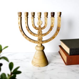 Vintage Handmade Carved Natural Olive Wood Mini Menorah w/7 Branches Mini Taper Candlestick Holders/Holy Land/Prayer/Encouragment/5.5”T