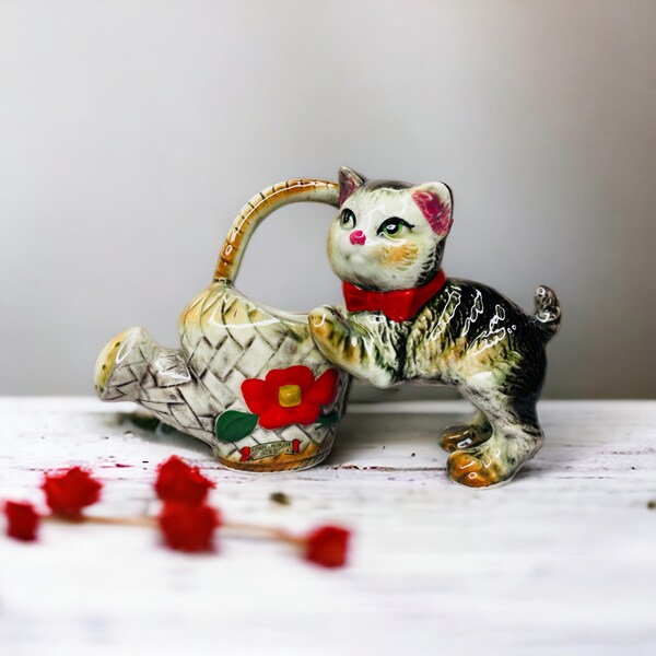 Adorable Vintage Handpainted Porcelain Cat Figurine Holding a Cute Watering Can, Tiny Cat Planter, Royal Japan Porcelain Decor, Cat Lovers