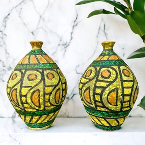 Stunning Vintage Mid Century Handmade Italian Lava Pottery Pair (OR CHOOSE) of Vases  Handpainted Funky Designs/Italian MCM Pottery 8.25”T