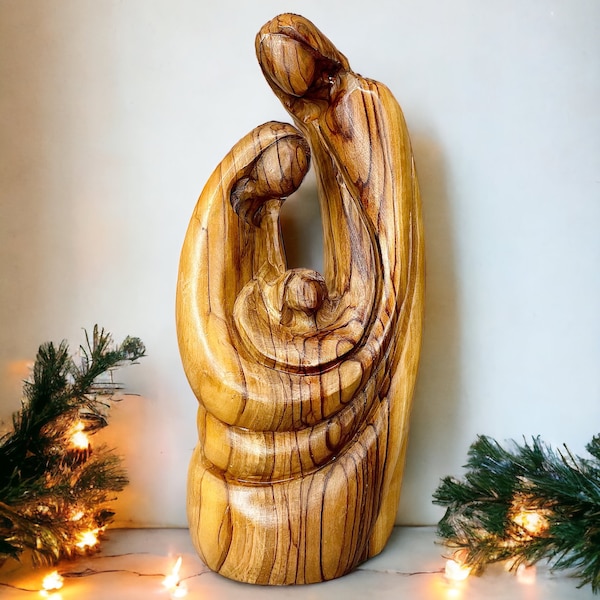 Beautiful Vintage Handmade and Hand Carved Natural Olive Wood Holy Family Sculpture, Mary and Joseph Religious Art 8"T 4"W