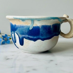 Vintage Handmade Thrown Pottery Bowl/Soup Mug/Large Coffee Mug with Neutral/Tan/Cream Glaze & Two Toned Blue Drip Glaze Design/6”Dia/3.5”T