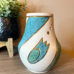 Vintage 1980s Mid Century Modern Style Marble Canyon Pottery Vase with Atomic Design in Aqua/Teal Blue and Vibrant Gold Accents MCM 6T image 1