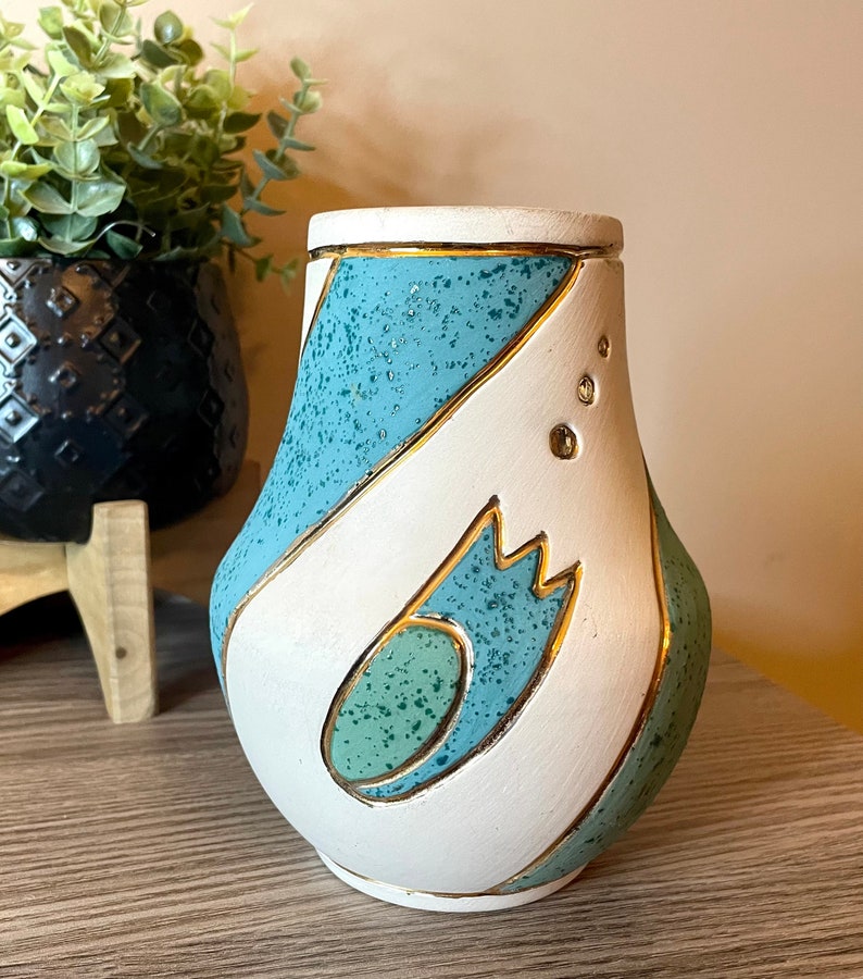 Vintage 1980s Mid Century Modern Style Marble Canyon Pottery Vase with Atomic Design in Aqua/Teal Blue and Vibrant Gold Accents MCM 6T image 1