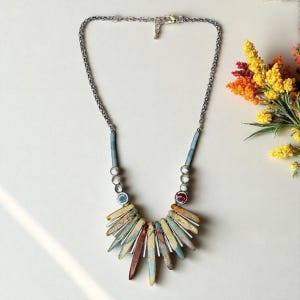 Vintage Bohemian Style Natural Aqua Terra Jasper Stone Beaded Necklace/Multicolored Stones with Metal Accent Spacers/Collar Pendant Necklace