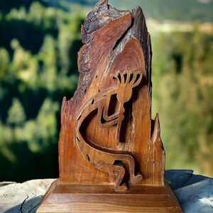 Vintage Handmade Carved Natural Wooden Kokopelli Sculpture Playing the Flute with Live Edge Details and Stand/Southwest Native Decor Tribal