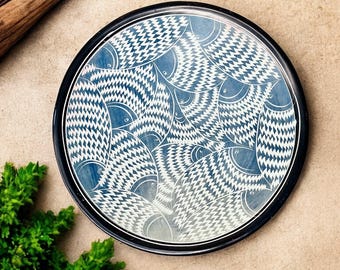 Vintage Handmade in Kenya Carved Soapstone Decorative Bowl w/Intricately Etched Blue & White Fish Designs/Eclectic African Decor/7.5”Dia