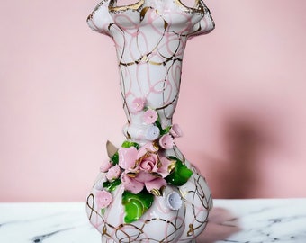 Delicate Vintage Lefton Porcelain Small Vase with Applied Pink Roses and Green Leaves with Swirls of Pink/Gold and White Paint 6”T