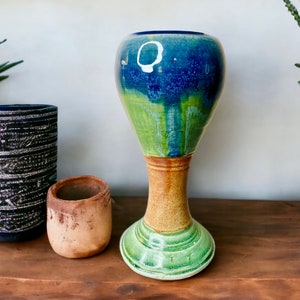 Beautiful Hand Thrown Vintage Studio Pottery Goblet with Bright Earth and Sky Tones and Drip Glaze/Signed by Artist/Vintage Pottery 7.5&quot;t
