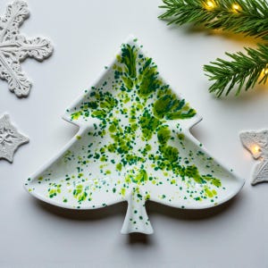 May include: A white ceramic Christmas tree-shaped serving dish with green splatter paint design. The dish is surrounded by white snowflake ornaments and a sprig of evergreen with fairy lights, creating a festive holiday theme.