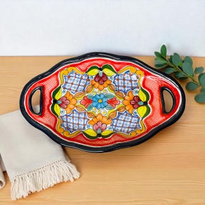 Vintage Handmade Talevera Mexican Pottery Decorative Dish with Handles and Vibrant Colorful Floral Designs/Decorative Tray/Wall Hanging/11”L