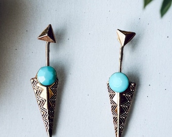 Vintage Navajo Style Earrings Atomic Dangle Drop Silver Tone Geometric Arrow Shape with (Faux) Turquoise Stone Accents and Etched Details