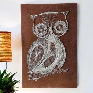 May include: A brown canvas with a white string art owl design. The owl has large, round eyes and a small beak. The string art is a popular form of craft.