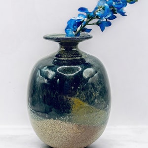 Vintage Brutalist Style Stoneware Pottery Vase with Blue, Green Glaze, Gold Drip/Splatter Accents/Mid Century Pottery MCM Decor/Rustic 7”T
