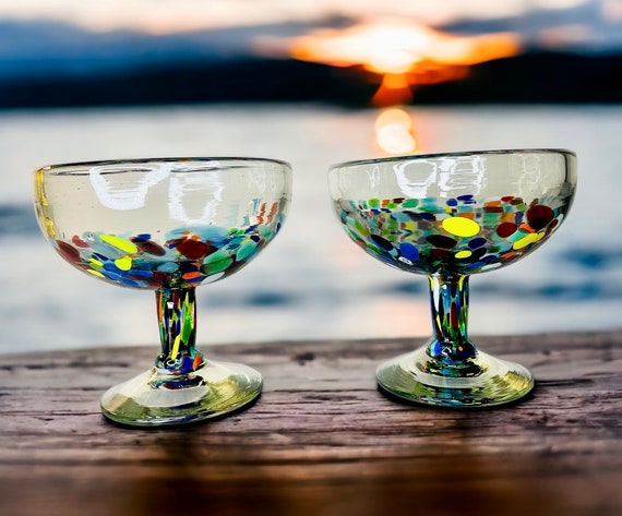 Beautiful Vintage Handblown Thick Smokey Glass Pair of Margarita/cocktail  Glasses Rainbow Confetti Rock Designs, Short Stem Drinking Glasses 