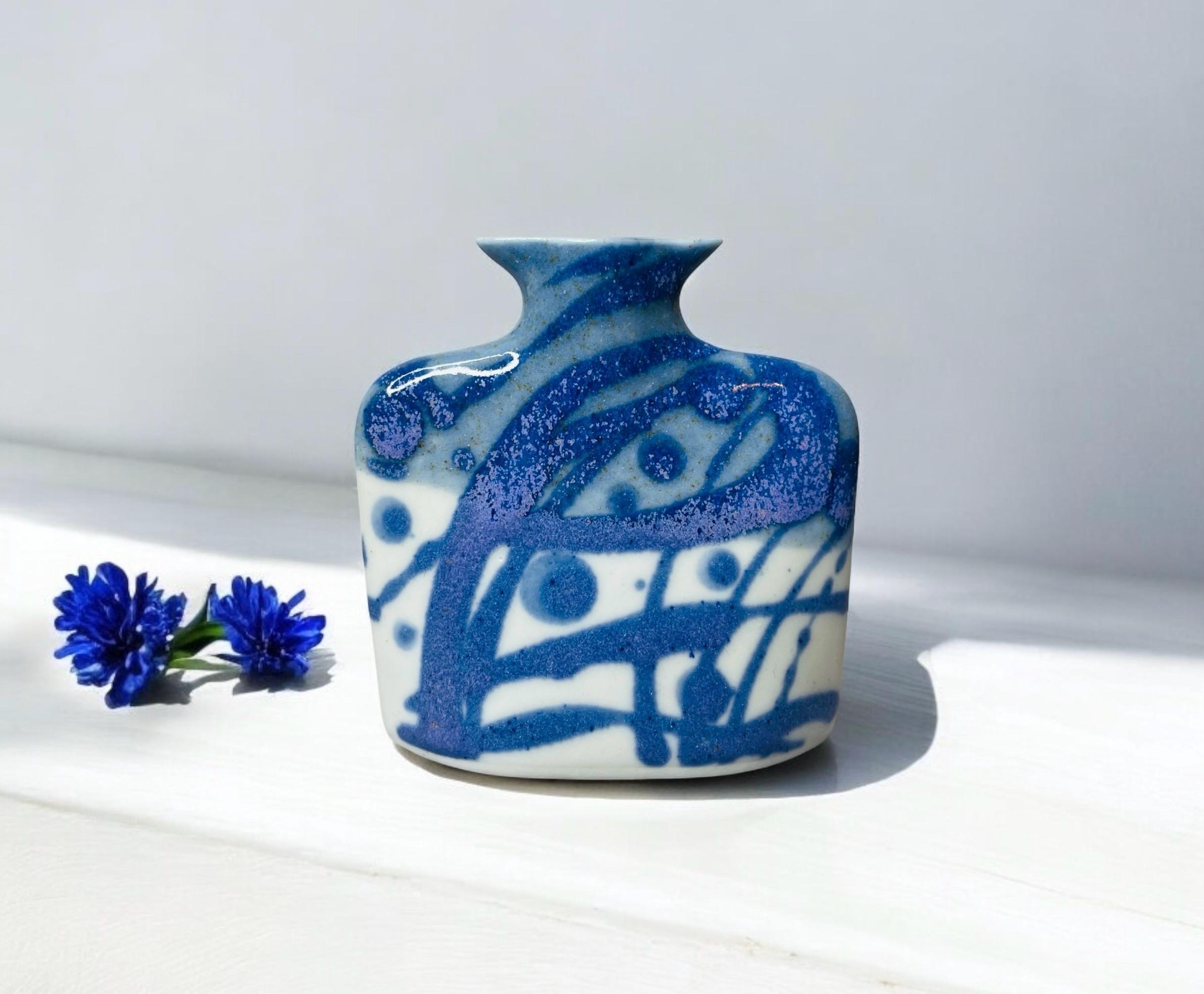 Vintage MCM Thrown Mini Pottery Vase Flat Shaped w/Vibrant Blue & Purple Lines/Abstract Handpainted Design/Tiny Vase/Vessels/by Bloom/3.25”T