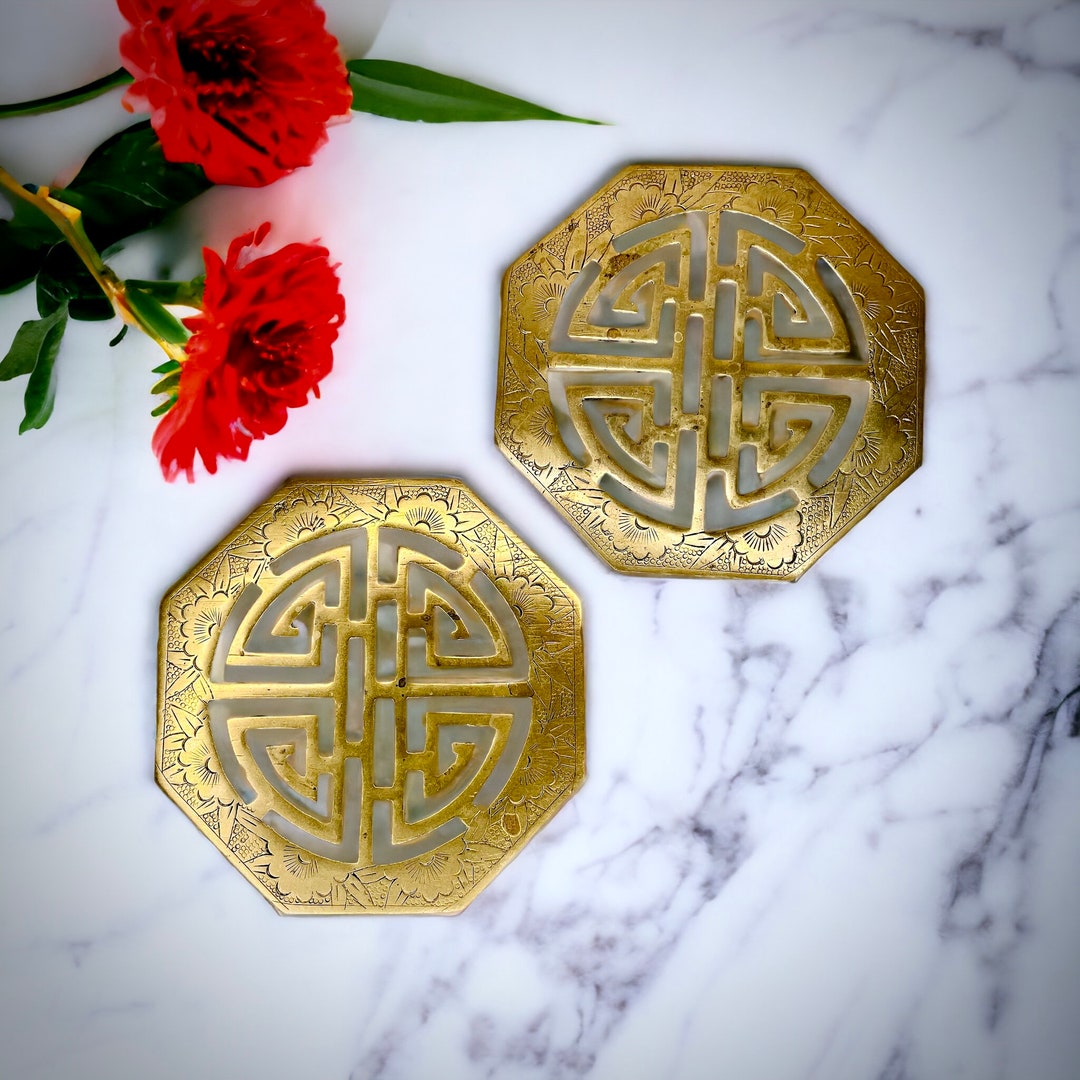 Chinese Vintage Solid Brass Pair of Small Octagon Shaped Trivets/brass