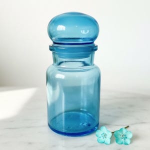 May include: A translucent light blue glass jar with a matching rounded lid that sits securely on the rim. The jar has a cylindrical body and a smooth finish. Two small, light blue artificial flowers are placed next to the glass container.