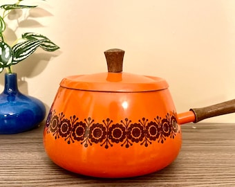 Retro 1970’s Vintage Bright Orange Fondue Pot/Cooking Pot with Brown Floral Pattern and Wooden Handle 4&quot;Tall 7.5&quot; Diameter