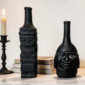 Vintage Pair of 1970’s Matte Black Glass Ranuzzi Lima Peru Decorative Figural Pisco Face Decanters/Inca Figures/Brutalist/MCM Style Decor