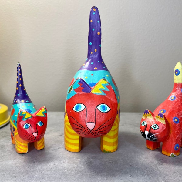 Adorable Funky Vintage Handmade Carved Wooden Bali Cat Figurines Set of 3 Handpainted Vibrant Patterns/Colors 1.5-3" Tall/Folk Art Kitties