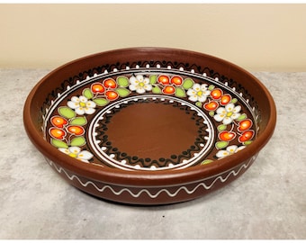 Beautiful Deep 8” Clay/Stoneware Baking Dish/Decorative Plate with Bright Cherry Floral Design/Flower Power Cookware/Retro Kitchenware 8x8"