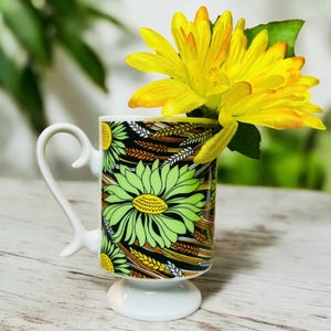 Cute Vintage Ceramic Pedestal Mug with Mint Green Flowers and Wheat Plant Designs/Flower Power/Coffee Mug/Vintage Kitchenware/Boho 4.5”T
