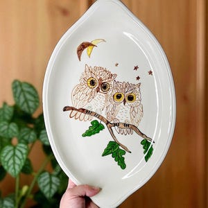 Cute Vintage 1970’s Large Serving Plate/Decorative Plate with Handpainted Double Owls on a Branch in the Night Sky Design/Boho Decor/15.5”L