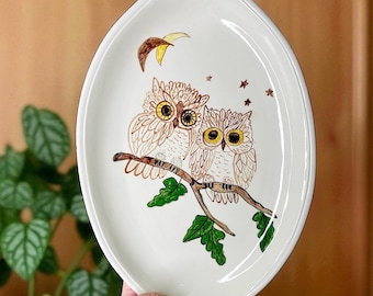 Cute Vintage 1970’s Large Serving Plate/Decorative Plate with Handpainted Double Owls on a Branch in the Night Sky Design/Boho Decor/15.5”L