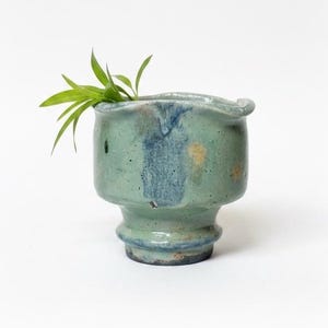 Vintage Unique Hand Thrown Wabi Sabi Imperfect Shaped Raku Pottery Vase/Vessel with Powder Blue/Green Drip Glaze/Hay Creek Raku/3.5”T