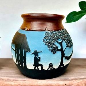 Unique Vintage Handmade Pottery Planter/Vase with Handpainted 3D Raised Silhouette Style Designs of Village Scene 5&quot;T
