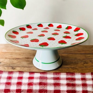 Vintage Large Porcelain Strawberry Cake Stand/Cake Display w/Cute Strawberry Designs and Green Accents/Cottagecore Kitchenware/10.25”Diam
